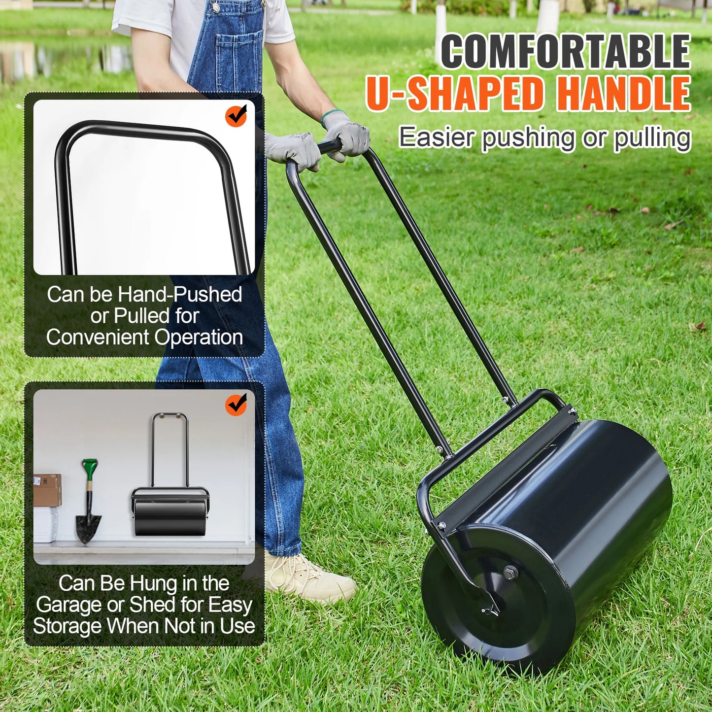 SucceBuy Lawn Roller 13 Gallon Sand/Water Filled Yard Roller Steel Sod Roller with Easy-turn Plug and U-Shaped Ergonomic Handle