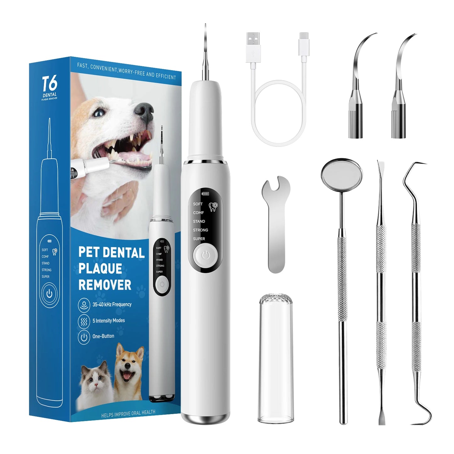 Dog Cat Ultrasonic Dental Scaler 5 Cleaning Modes Calculus Dental Plaque Cleaner Tartar Calculus Remover Pet Teeth Cleaning Kit