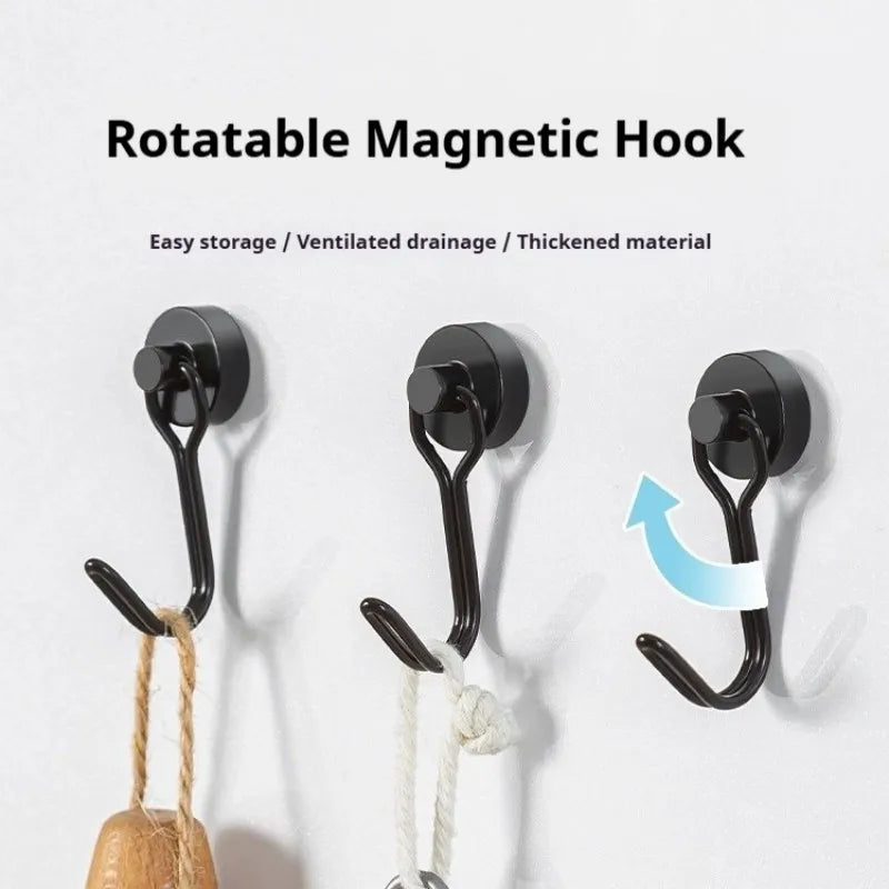 Neodymium Magnetic Hooks 5KG - 360° Rotating No Drill Hangers for Fridge/Doors, 4PCs Heavy Duty Kitchen Organizer (Black/White)