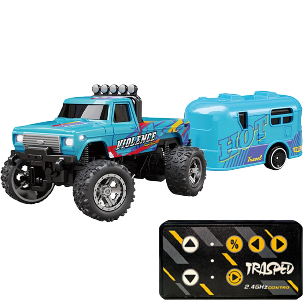 Mini Off-Road Climbing Car with Lights & Trailer All Terrain Off-Road Truck Toy 1:64 Scale 2.4Ghz Remote Control for Kids Gifts