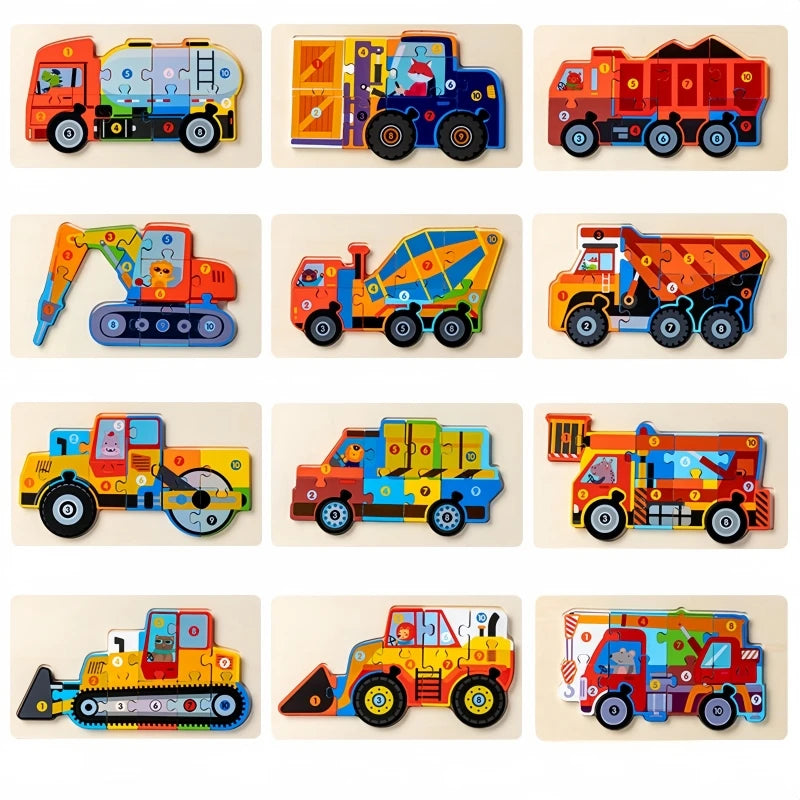 Children Montessori Wooden Puzzle Baby 3D Engineering Vehicle Jigsaw Early Education Matching Cognitive Puzzles Toys for Kids