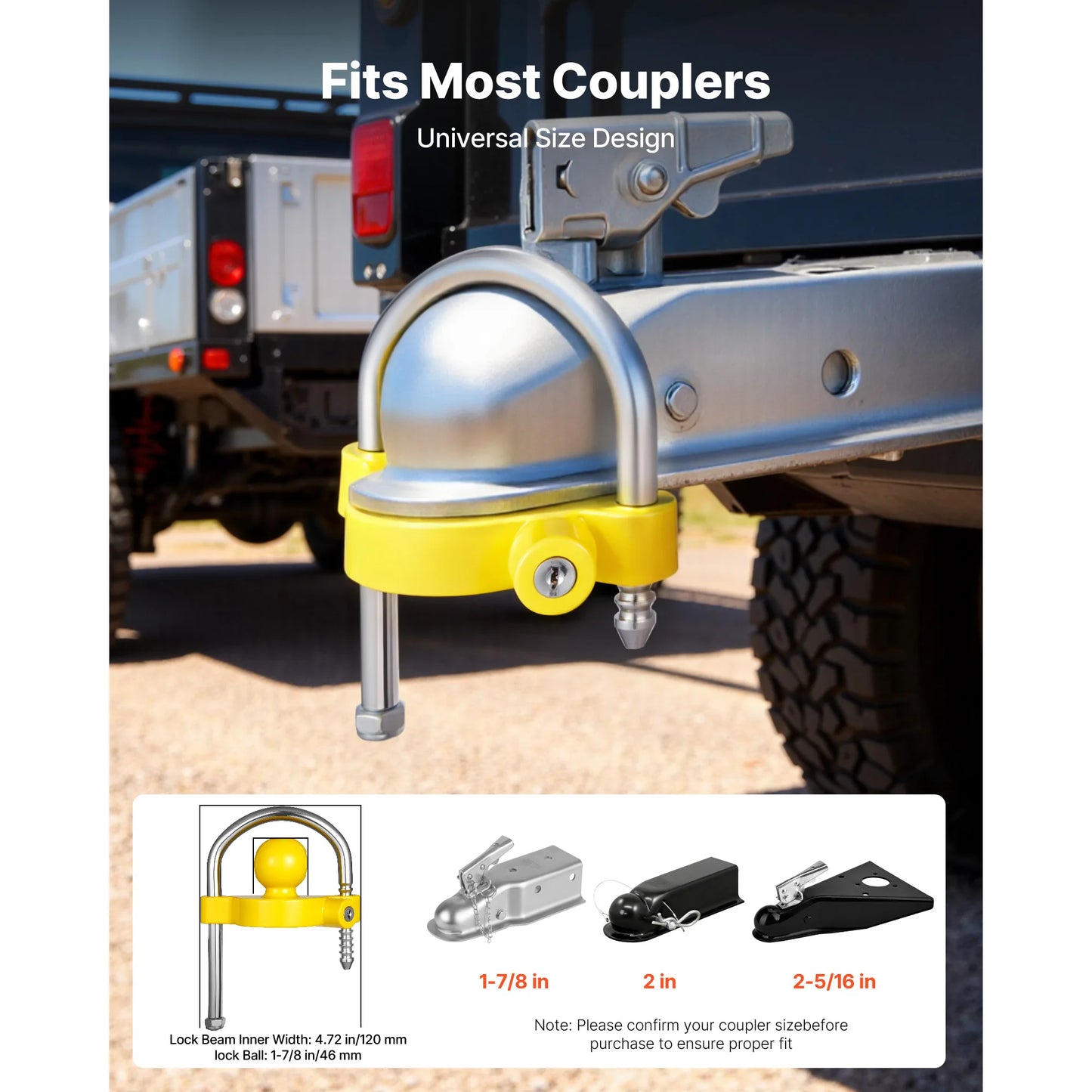 SucceBuy Trailer Hitch Lock Kit Fits for 1-7/8 in 2 in 2-5/16 in Couplers with Keys Adjustable Height Design for RVs Trailers