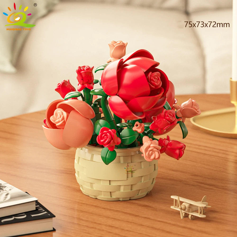 HUIQIBAO MOC Bouquet Potted Plant Micro Building Blocks Eternal Flower Model DIY Home Desk Decoration Brick Toy For Children