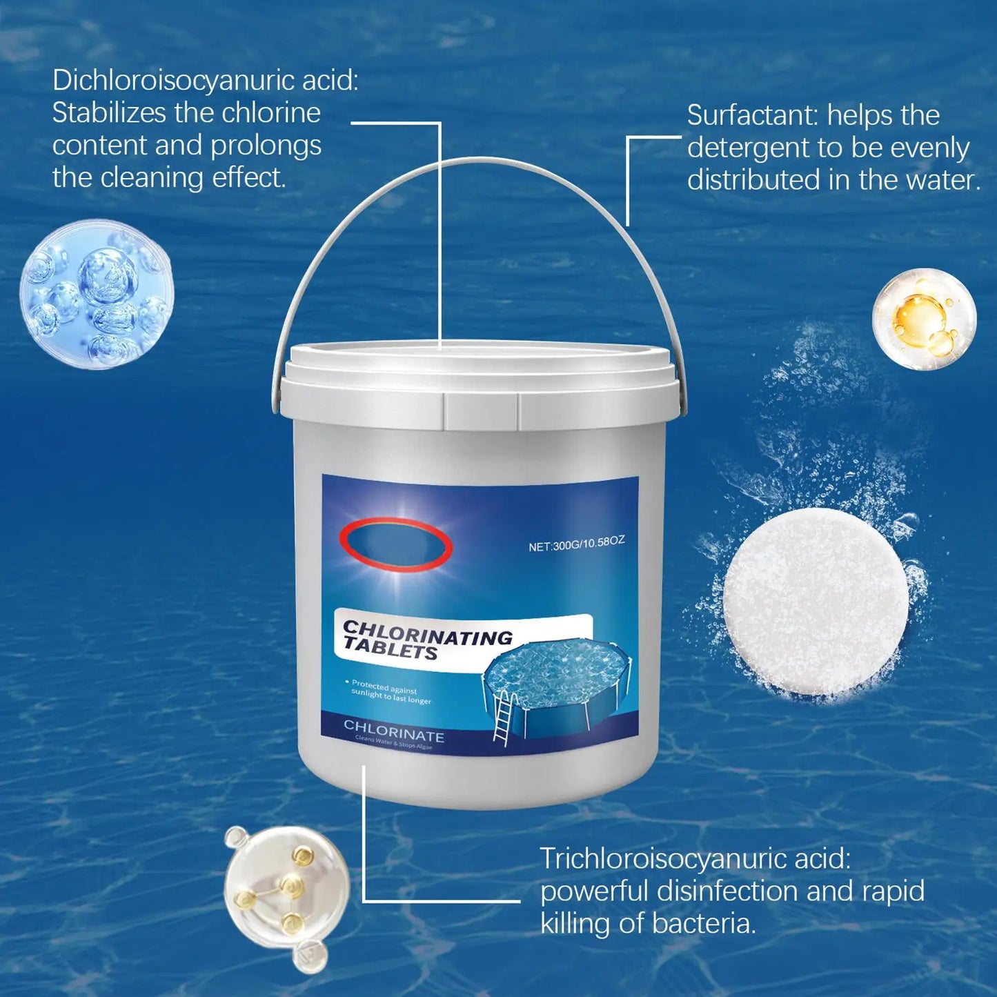 Pool Chlorinating Tablets 300g Multi-Purpose Pool Sanitizer Water Cleaning Effervescent Tablets for Swimming Pools Bathtub Spa