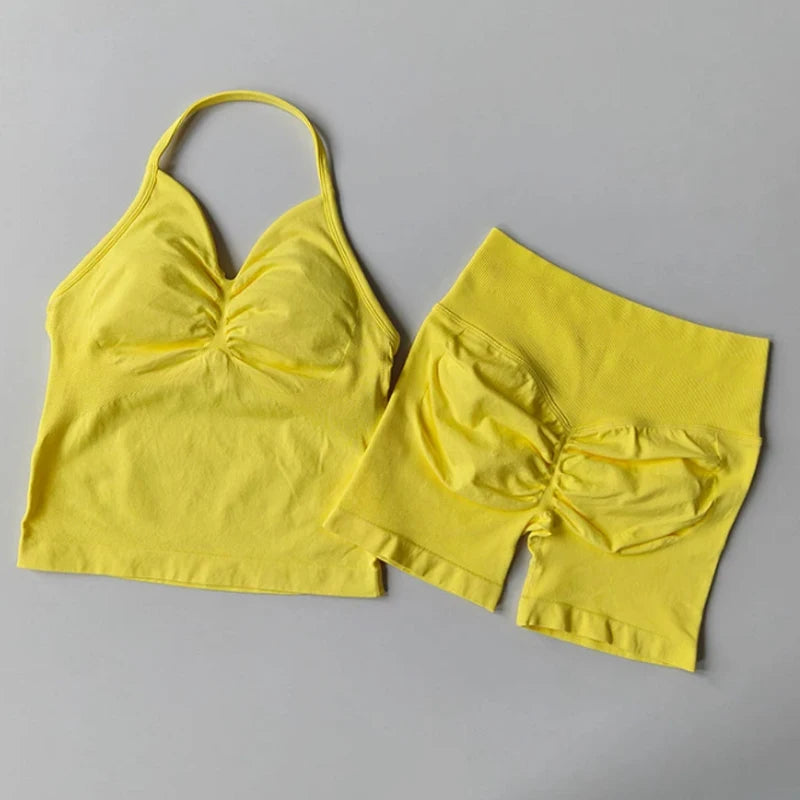 Cavendi 2 Pieces impact gym Halter top seamless shorts Women Yoga outfits Sportswear Sports Suits Fitness Top Gym set