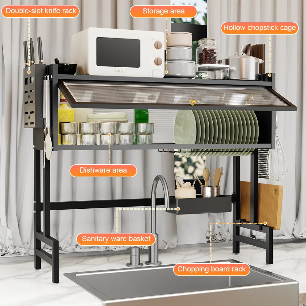 Over The Sink Dish Drying Rack（85L x 80H cm）, 3 Tier Large Dish Drainers Drying Rack for Kitchen Counter with Dust Cover