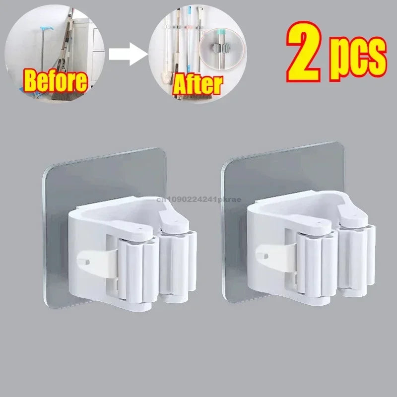 Household Bathroom Non Perforated Mop Holder, Broom Holder, and Card Holder Self-adhesive Mop Holder Kitchen Accessories