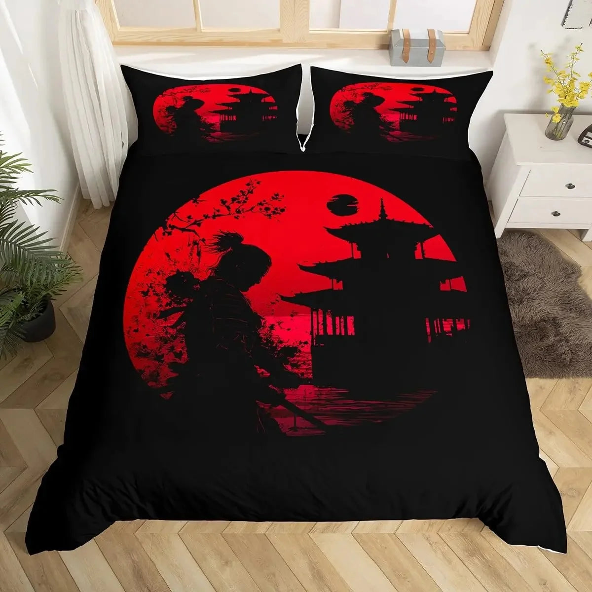 Japanese Samurai Bedding Set Full Size Cherry Blossoms Comforter Cover Red Sun Hokusai Duvet Cover Fuji Mountain Quilt Cover
