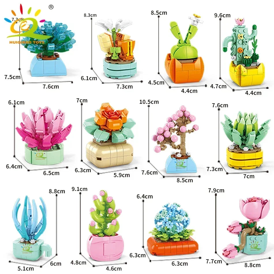 HUIQIBAO MOC Flower Succulent Potted Model Building Block DIY Eternal Bouquet Home Desk Plant Decor Brick Girl Gift Children Toy