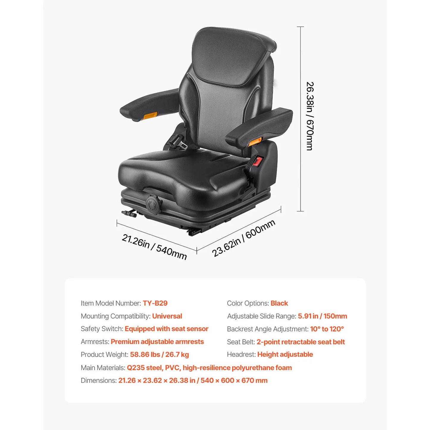 SucceBuy Universal Forklift Seat Tractor Suspension Seat w/ Adjustable Back Armrest Headrest& Safety Belt Fold Down Tractor Seat