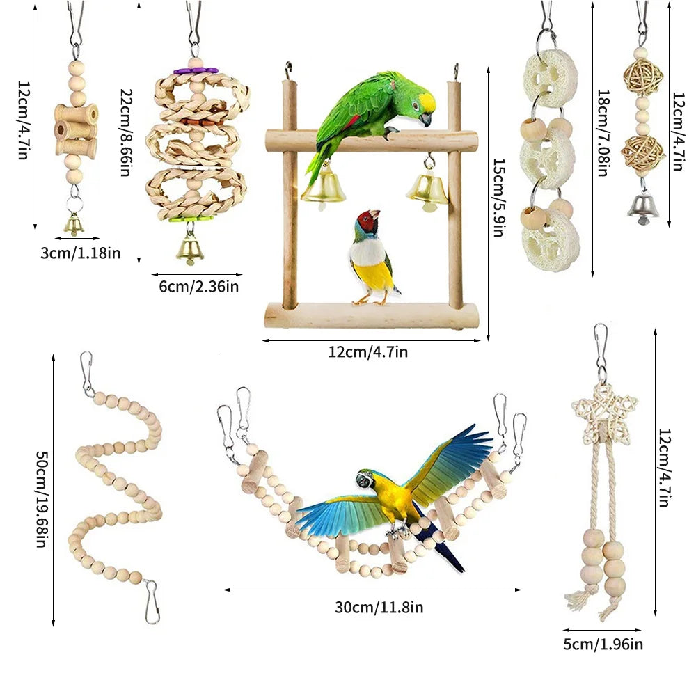 Random Bell 8PCS Bird Toys for Parakeets, Parrot Swing Chewing Hanging Standing Wooden Toys Bird Cage Accessories