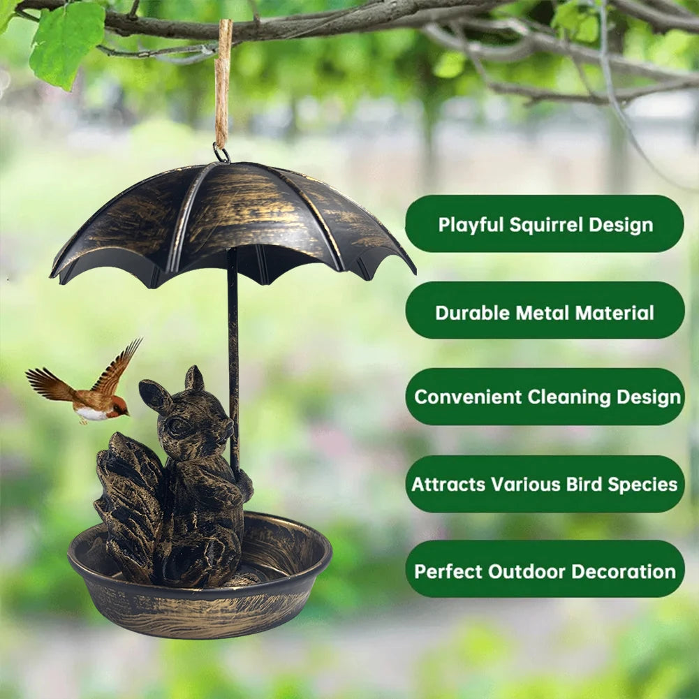 Squirrel Hanging Bird Feeder Set with Umbrella Metal Feeder Garden Yard Decor