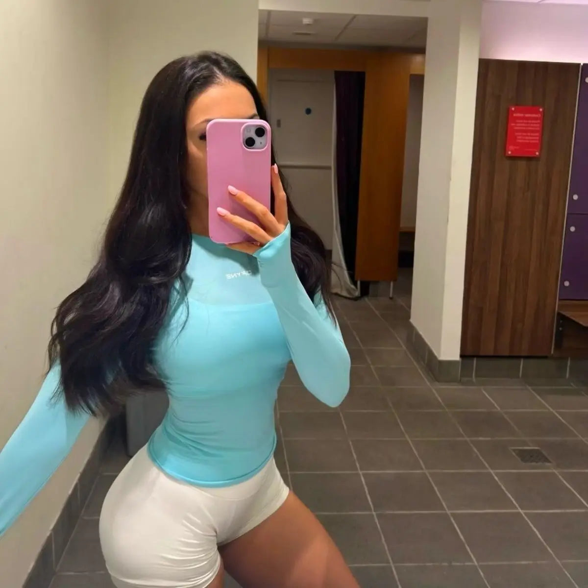 Dneyf Women's 2 Piece Yoga Tracksuit Long Sleeve Crop Top High Waist Scrunch Butt Biker Shorts Suitable for Running & All Sports