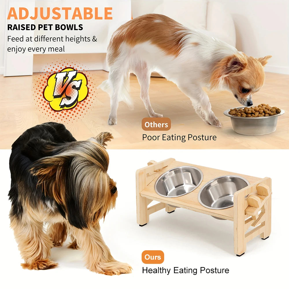 Adjustable Wooden Raised Dog Bowl Stand With 2 Stainless Steel Bowls For Small Dogs and Cats Sturdy Wooden Pet Food Feeder
