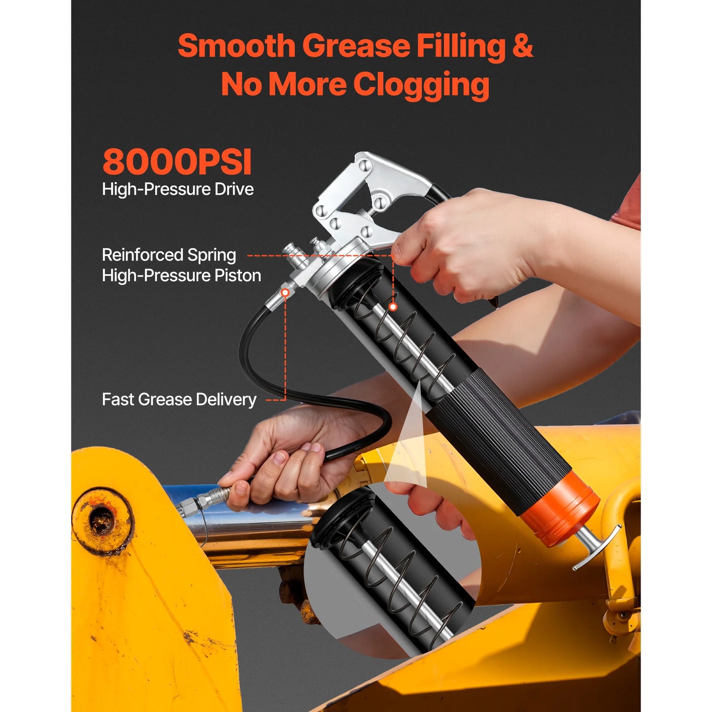 SucceBuy 8000 PSI Grease Gun High Pressure Pistol Grip Grease Gun Kit with 18in Flex Hose & Extension Rigid Pipe for Automotive