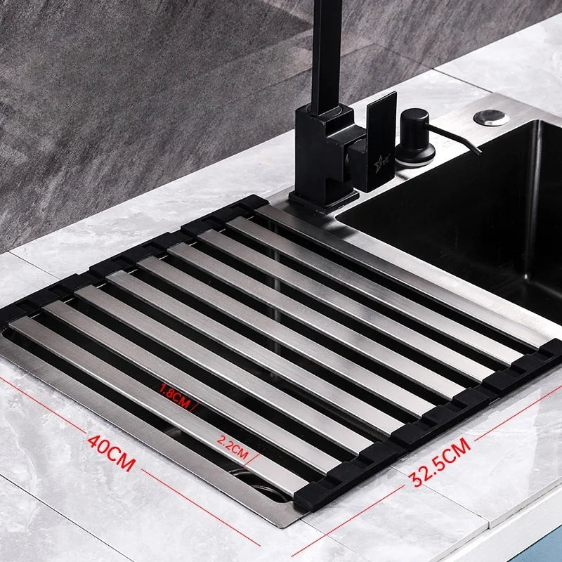 Roll Up Dish Drainer Holder 304 Stainless Steel Sink Drainshelf Food Washing Rack Foldable Towel Bowl Stand Kitchen Organizer