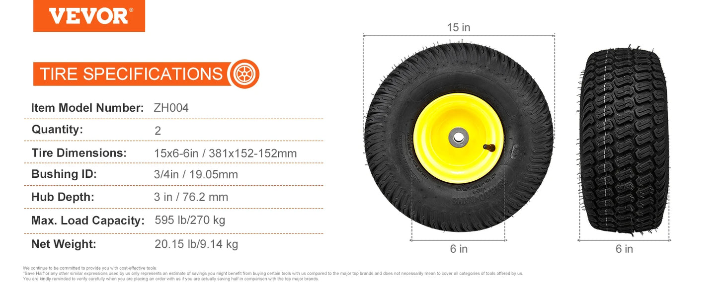 SucceBuy Lawn Mower Tires with Rim Tubeless Tractor Tires 2Pack Tire Wheel Assembly Pneumatic Tires for Riding Mower LawnTractor