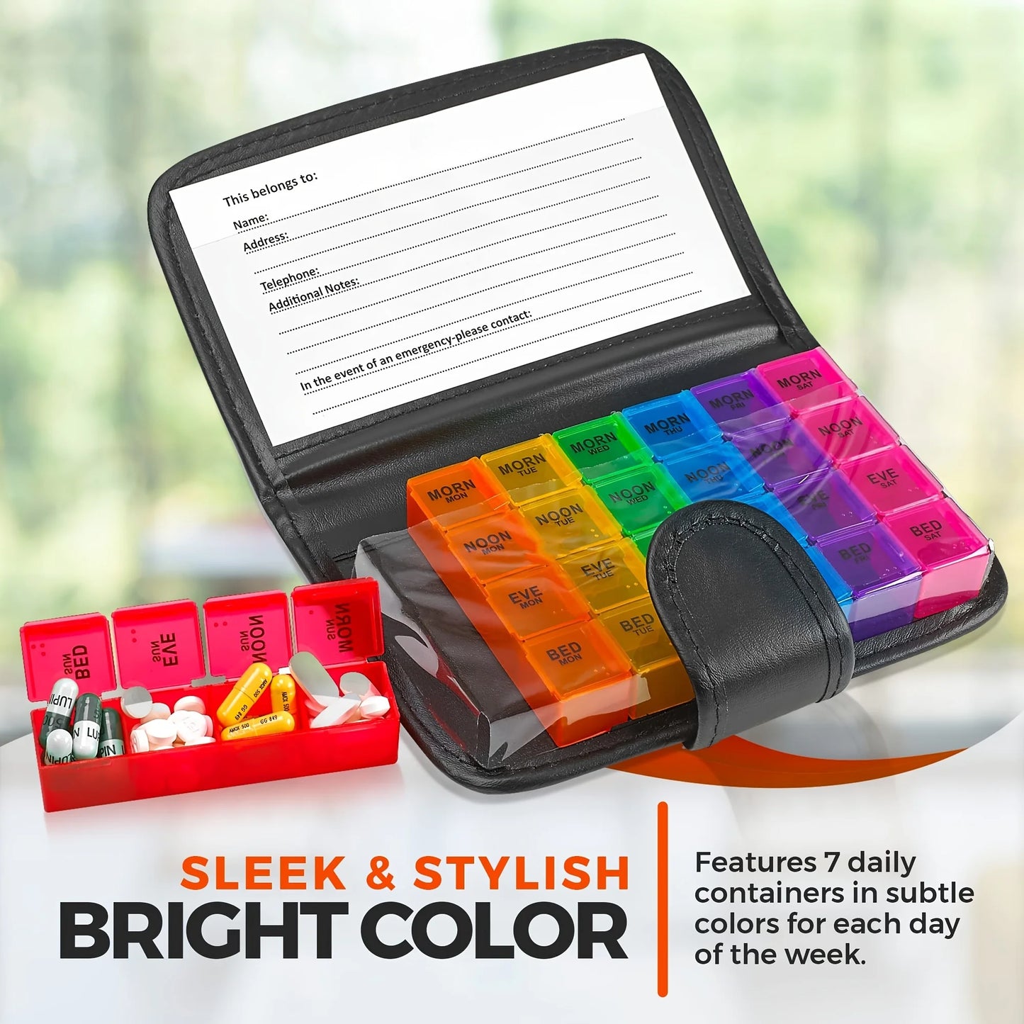 7day Pill Box 28 Compartments Multi-Coloured Weekly Case with PU Wallet for Vitamins Fish Oils Tablet Medicine Storage Organizer