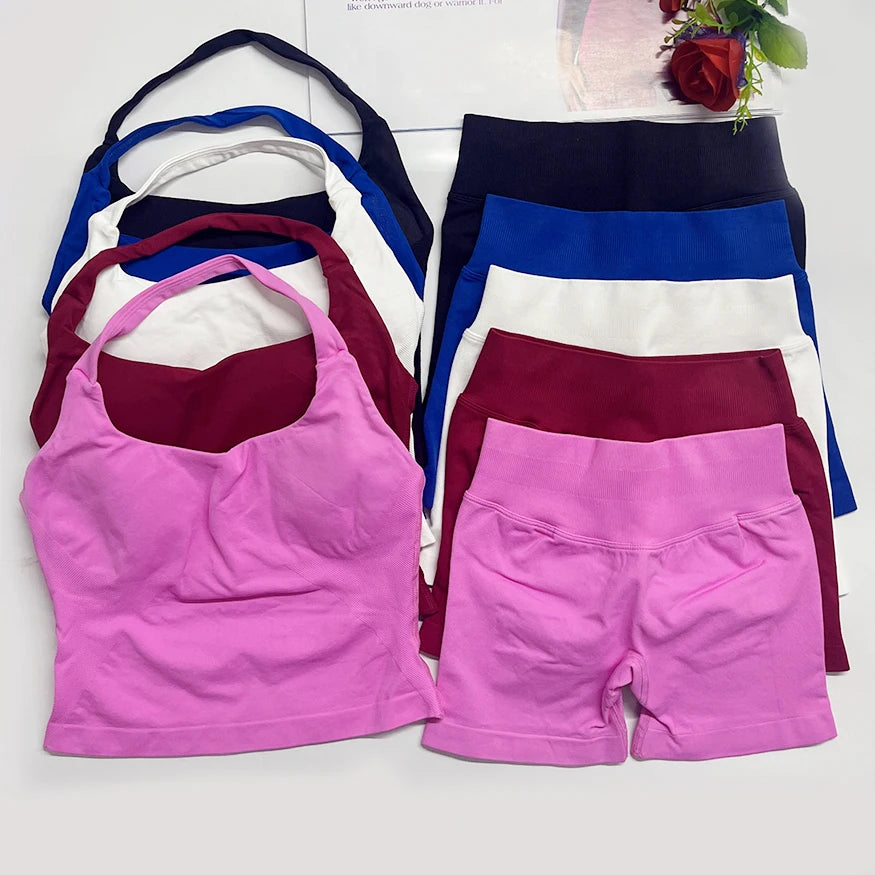 yoga outfits Women 2 pcs Sports DF Impact Set halterneck Backless Halter Top Seamless Scrunch Shorts Gym Workout Sports Suits