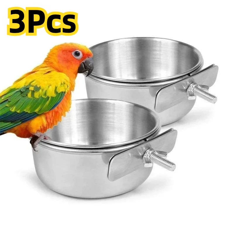 Bird Feeder Parrot Food Water Cup Stainless Steel Bird Food Bowl With Clamp Holder Parakeet Lovebird Feeders   птиц