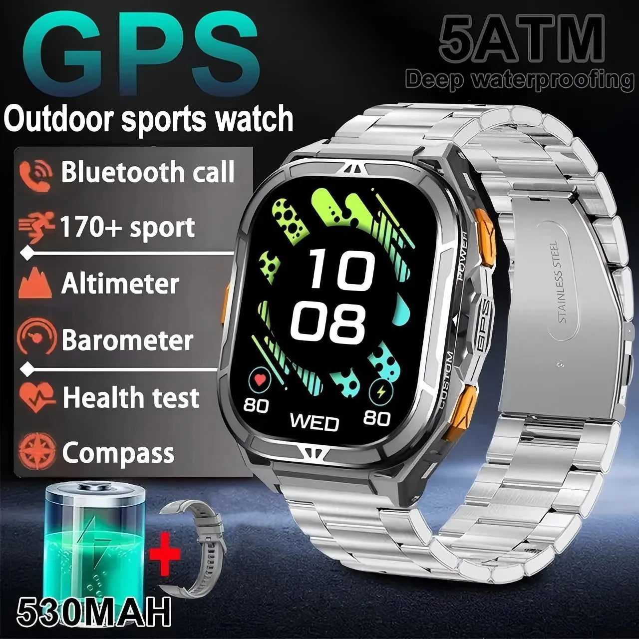 2026 New GPS Smart Watch Men 1.96-inch HD AMOLED Screen Compass Bluetooth Call 5ATM Waterproof Sport Smart Watch for Android iOS