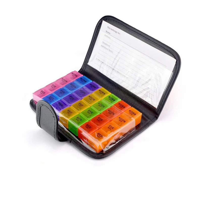 7day Pill Box 28 Compartments Multi-Coloured Weekly Case with PU Wallet for Vitamins Fish Oils Tablet Medicine Storage Organizer