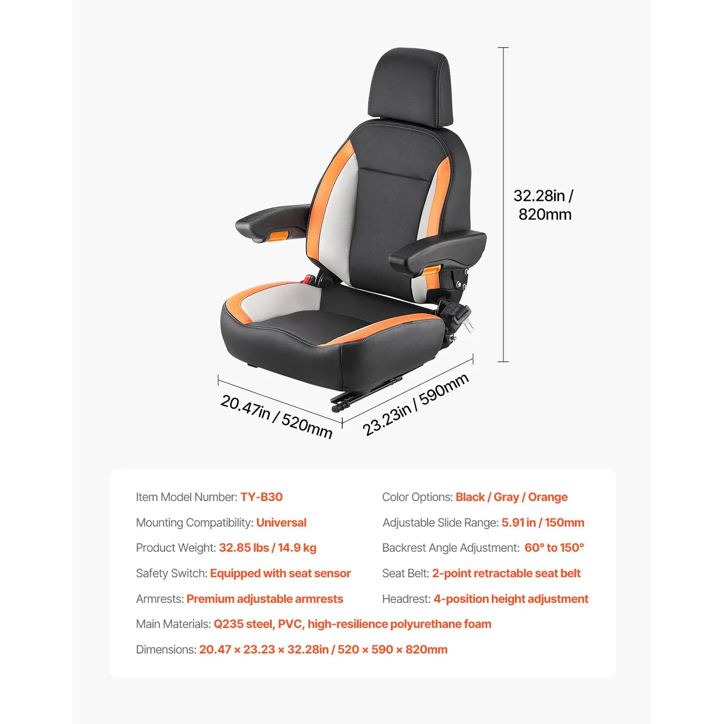 SucceBuy Universal Forklift Seat Tractor Seat with Adjustable Back Armrest Headrest &Safety Belt Secure Tractor Seat with Switch