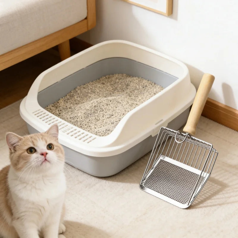 Cat Litter Shovel Stainless Steel Wooden Handle Easy To Rust Washable Kitten Litter Scoop Cats Toilet Cleaning Shovel Tool