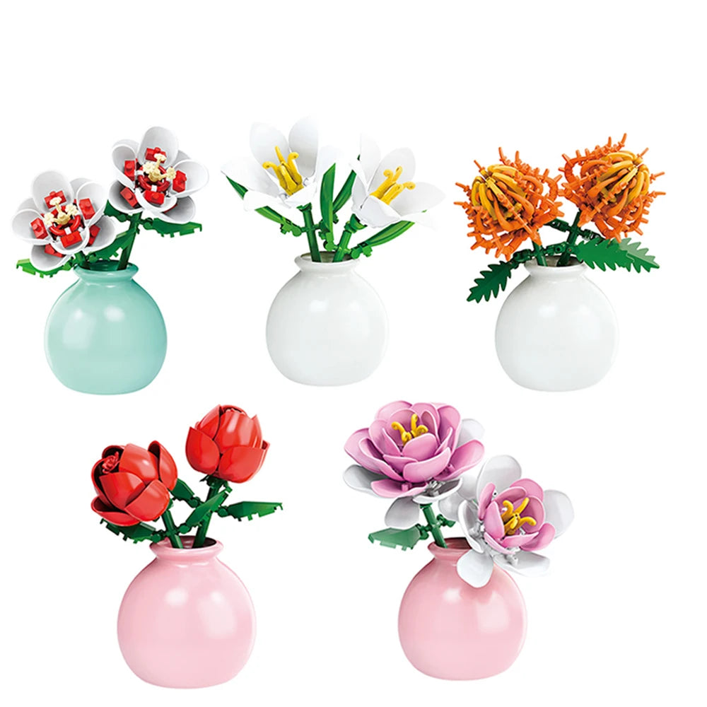HUIQIBAO MOC Flower with Vase Model Building Block DIY Eternal Bouquet Home Desk Desk Plant Decor Brick Girl Gift Children Toy