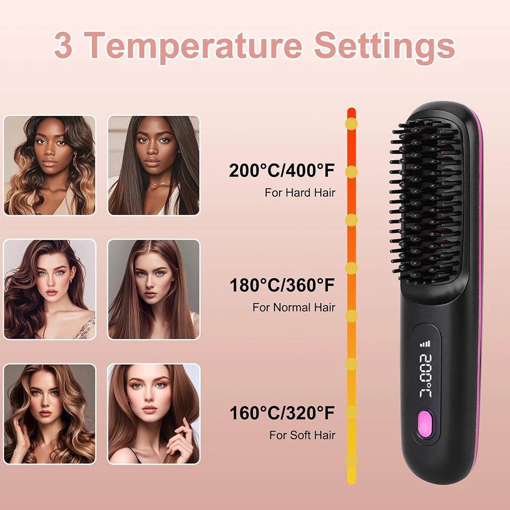 Hair Straightener Brush with LCD Display Cordless USB Charging Straightener Portable Mini Straightening Brush for Home Travel