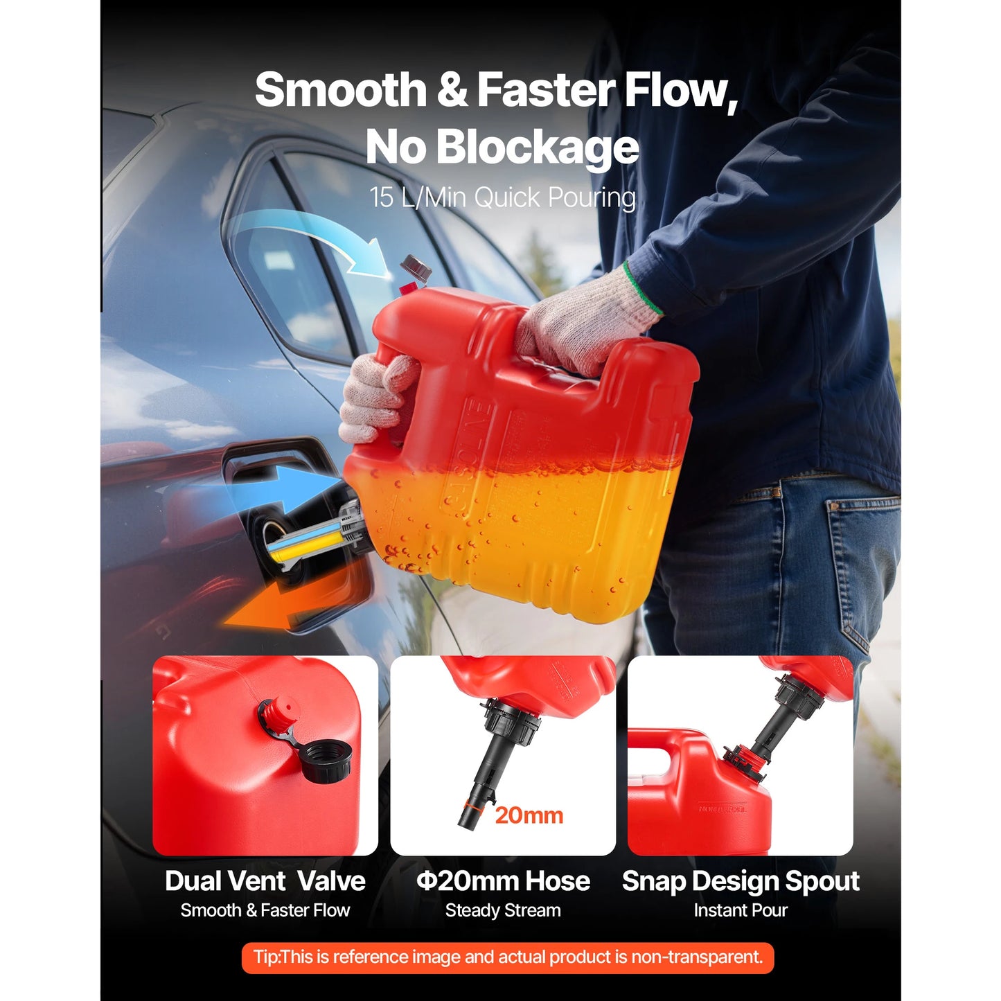 SucceBuy Fuel Container 2.5 Gallon Gas Tank with Spout & Clear Scale 15 L/min Max Flow Rate for Most Cars Motorcycle Red 1 Pack
