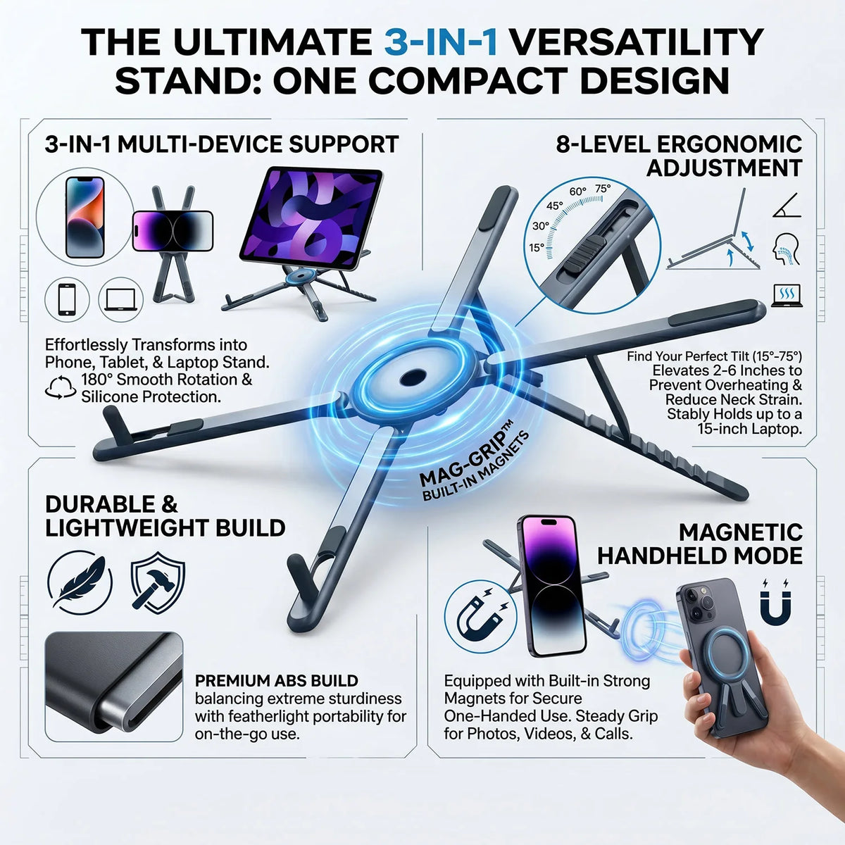 ABS Phone And Laptop Stand with Magnetic Base And 8-Position Height Adjustment, Suitable for Ipad And Mobile Phones
