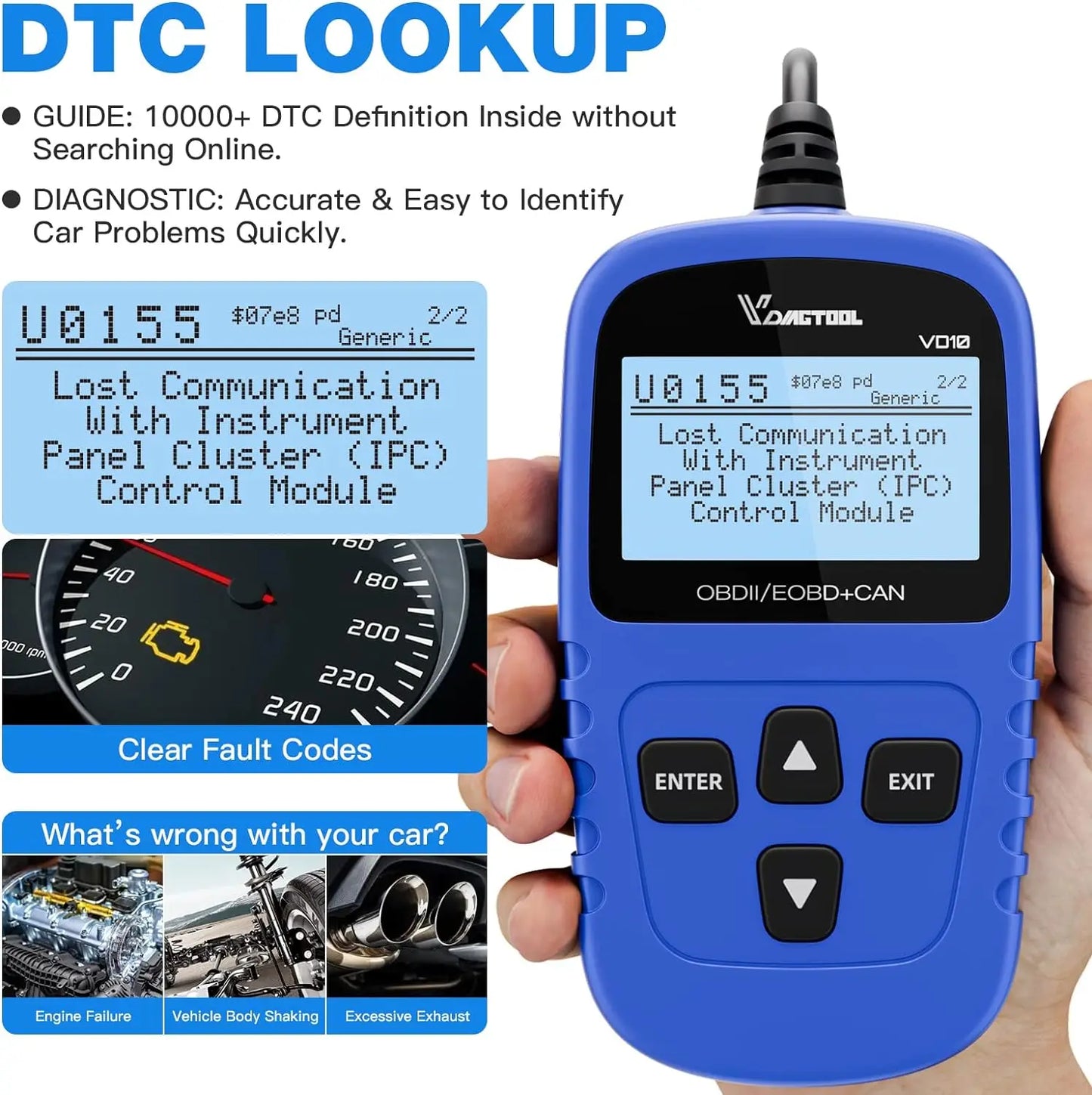 VDIAGTOOL VD10 OBD2 Scanner Car Diagnostic Tool OBD2 Code Reader Engine DTC Lookup Clear Error Full OBD2 Automotive scanner