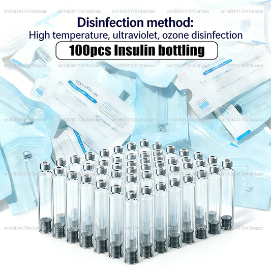100pcs Upgraded Sterile Version 3ml Insulin Cartridges Cassette Bottle for Insulin Injection Pen Individual Sealed Packaging