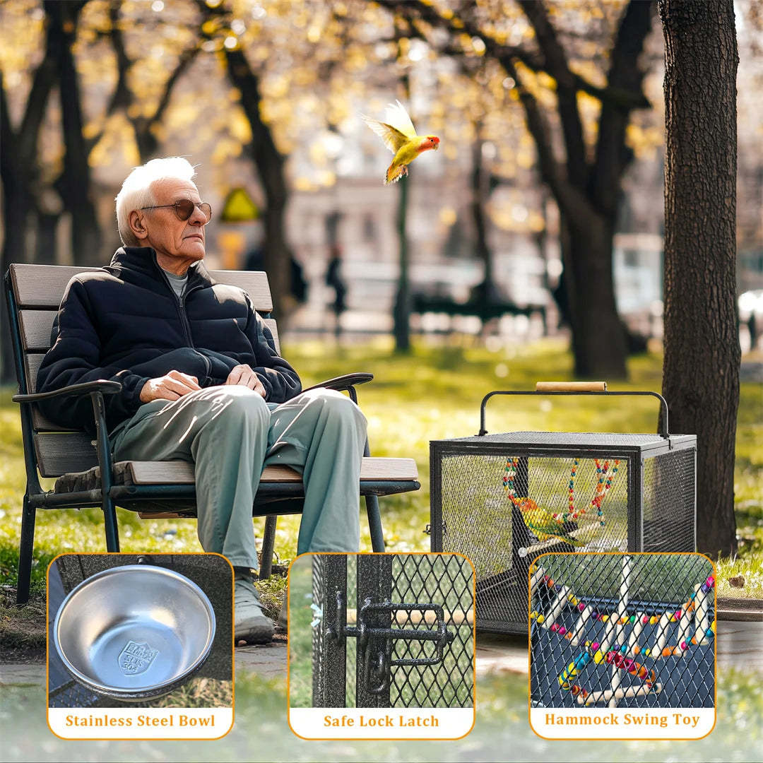 Portable Black Metal Flight Bird Cage Playpen with Hammock Swing Toy, Perch Stand for Parrots,Conure,Lovebird,Cockatiel,Budgies