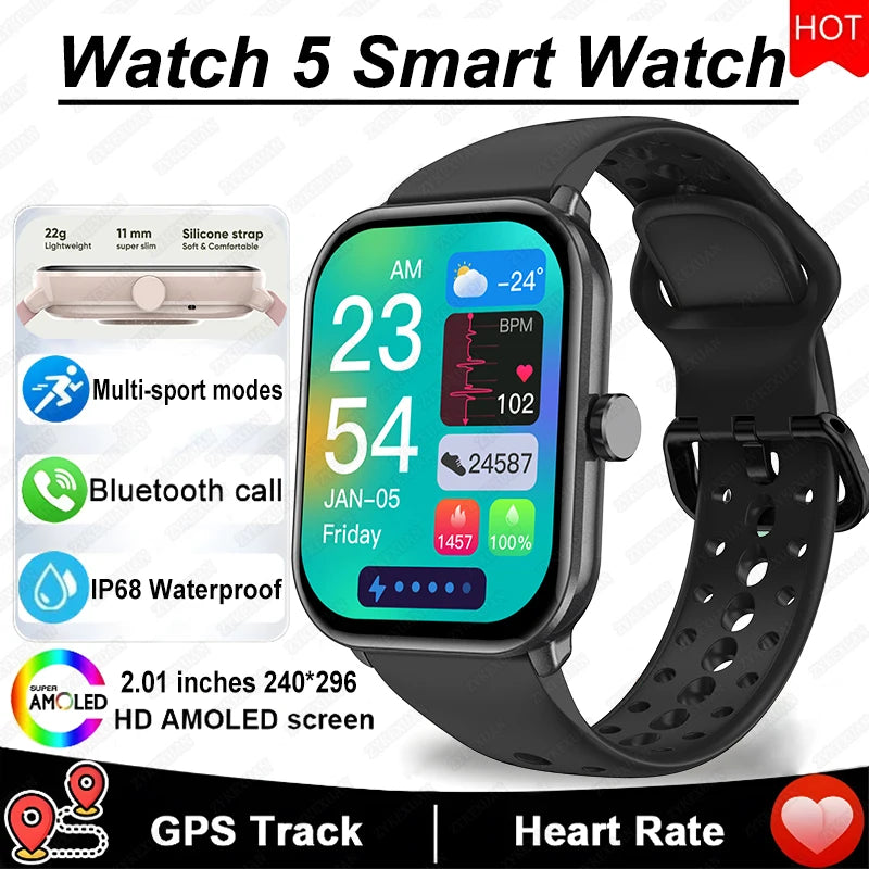 Watch 5 Smart Watch Men HD AMOLED Screen Fitness Tracker Heart Rate Bluetooth Call GPS Track Waterproof Sports SmartWatch Women