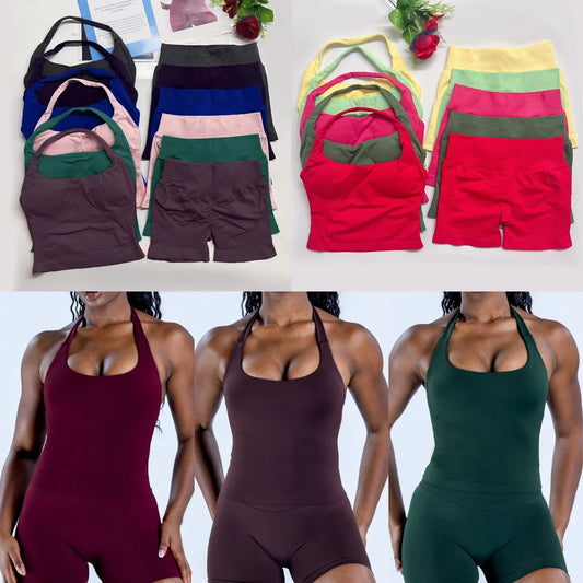 Yoga Outfit DFNNYE Two Pieces Gym Set Women DF Impact Yoga Outfits Backless Halter Top Shorts Fitness Clothes Workout Sets