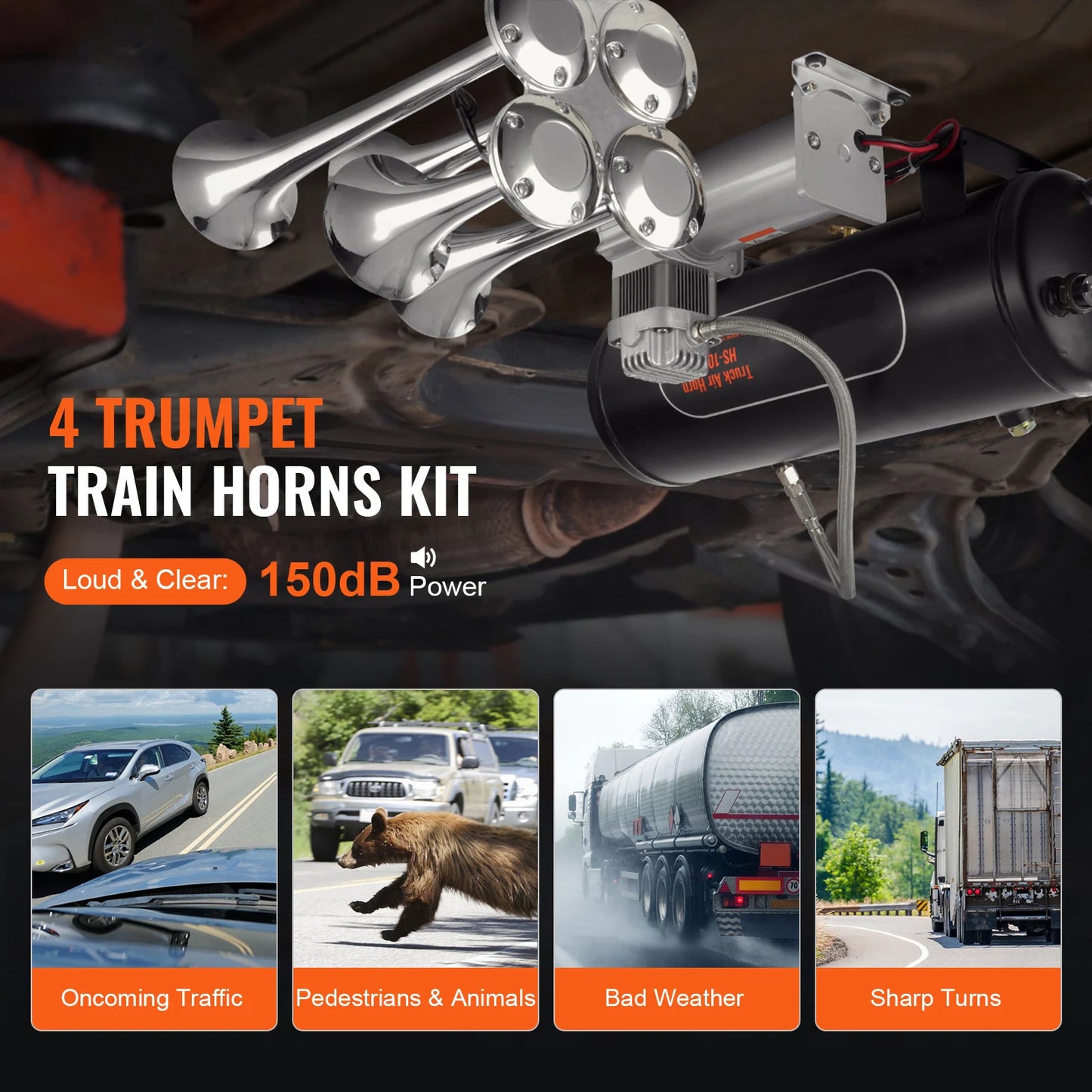SucceBuy Train Horns Kit 4 Trumpet Air Horn Kit 150dB Train Horns 12V 120 psi Air Compressor for Car Truck Train Van Boat Pickup