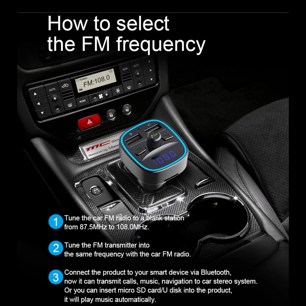 T25 Car Bluetooth 5.0 FM Transmitter MP3 Player Fast Charging Dual USB Charger 87.5-108MHz 2.4A MAX Dual USB Car Charger Adapter