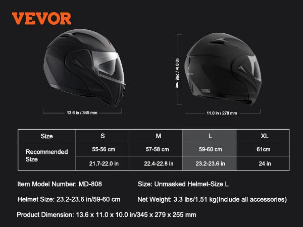 VEVOR Motorcycle Helmet, Unmasked, Smart Street ABS & High Density Helmet with Interchangeable Lens, Fit for Youth and Adults