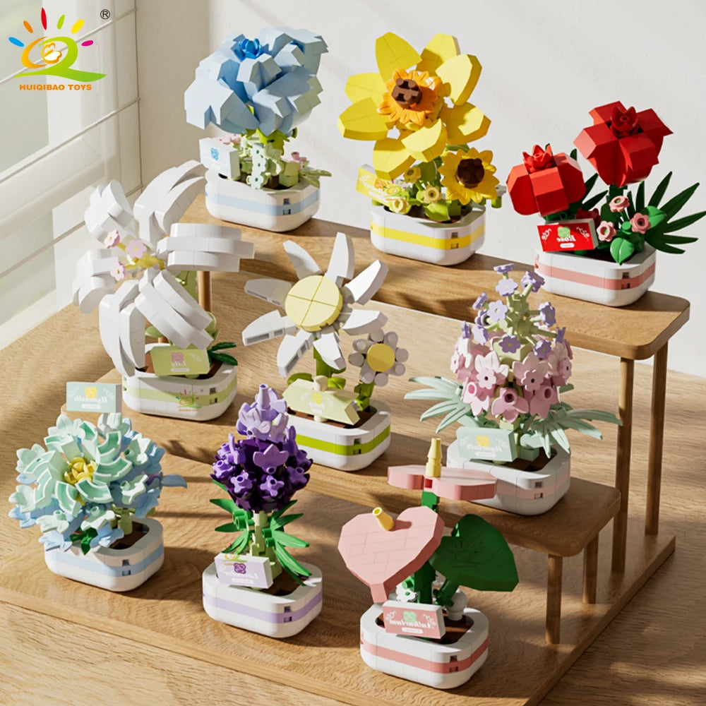 HUIQIBAO MOC Bouquet Potted Plant Micro Building Blocks Eternal Flower Model DIY Home Desk Decoration Brick Toy For Children