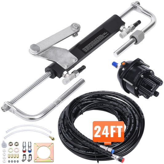 SucceBuy Hydraulic Outboard Steering Kit 90HP/150HP/300HP with Helm Pump and 24FT/26Ft Hose Single Station Single-Engine Boats