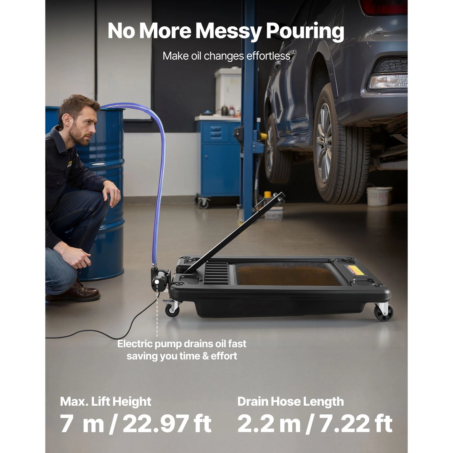 SucceBuy 17Gal Low Profile Oil Drain Pan Car Rolling Oil Drain Pan with Electric Pump & 7.2ft Hose for SUVs Trucks Motorcycles