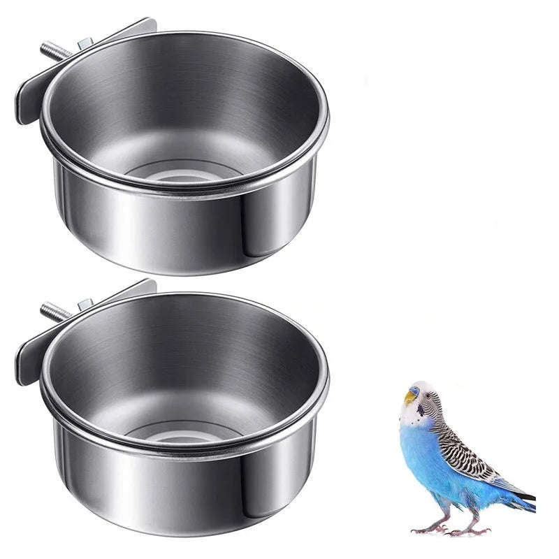 Bird Feeder Parrot Food Water Cup Stainless Steel Bird Food Bowl With Clamp Holder Parakeet Lovebird Feeders   птиц
