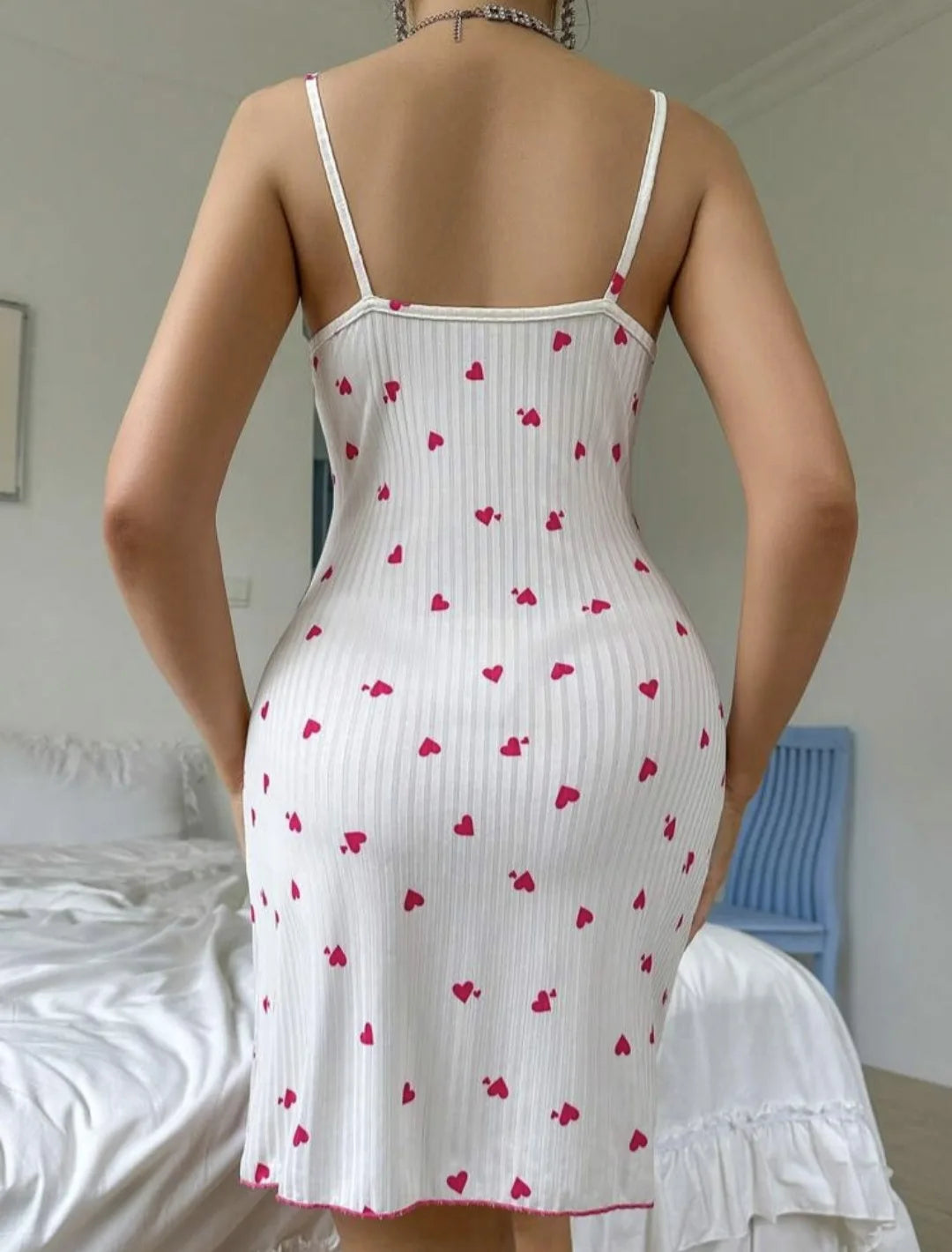 Sexy Women's Night Gown Lace Trim Camisole Bow & Heart Print Sleeveless Sleep Dress Elegant Night Wear for Ladies