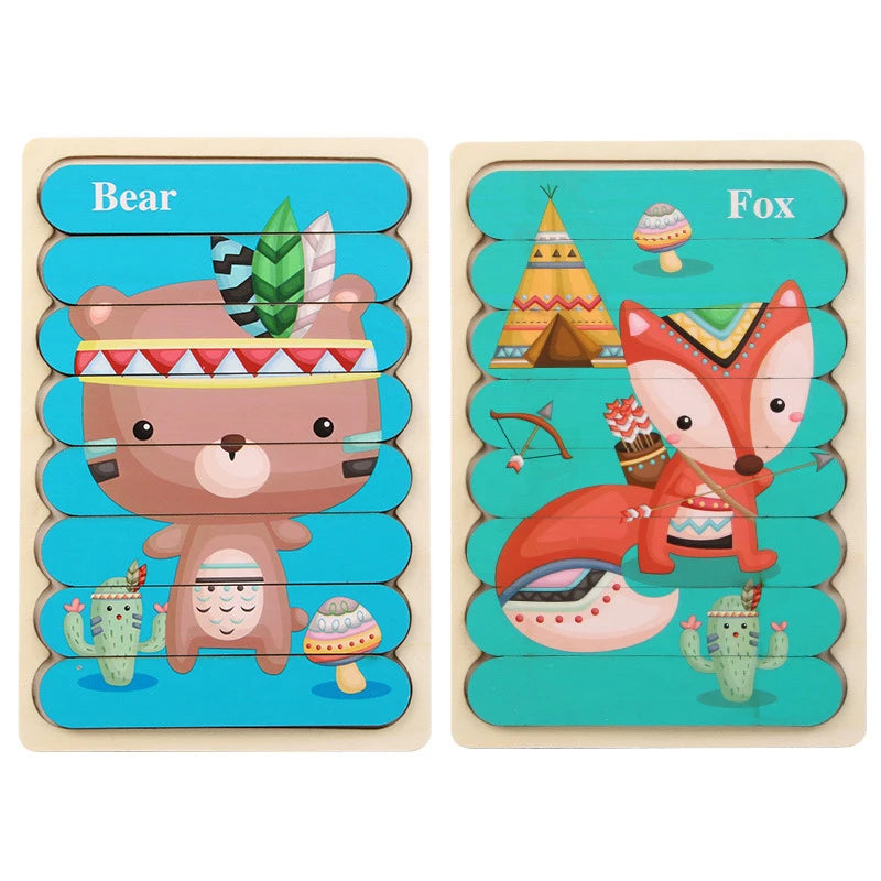Montessori Baby Wooden Puzzle Toys Kids Educational Game 3D Cartoon Animal Jigsaw Puzzle Toys Activity Board for Child 2 3 Years