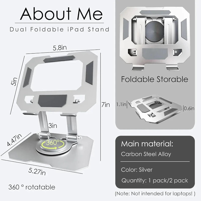 360 Rotatable Metal Tablet Stand Adjustable Foldable Desktop Holder Compatible for 4.7-12 Inch Ipad Pro Air Mini Laptop
