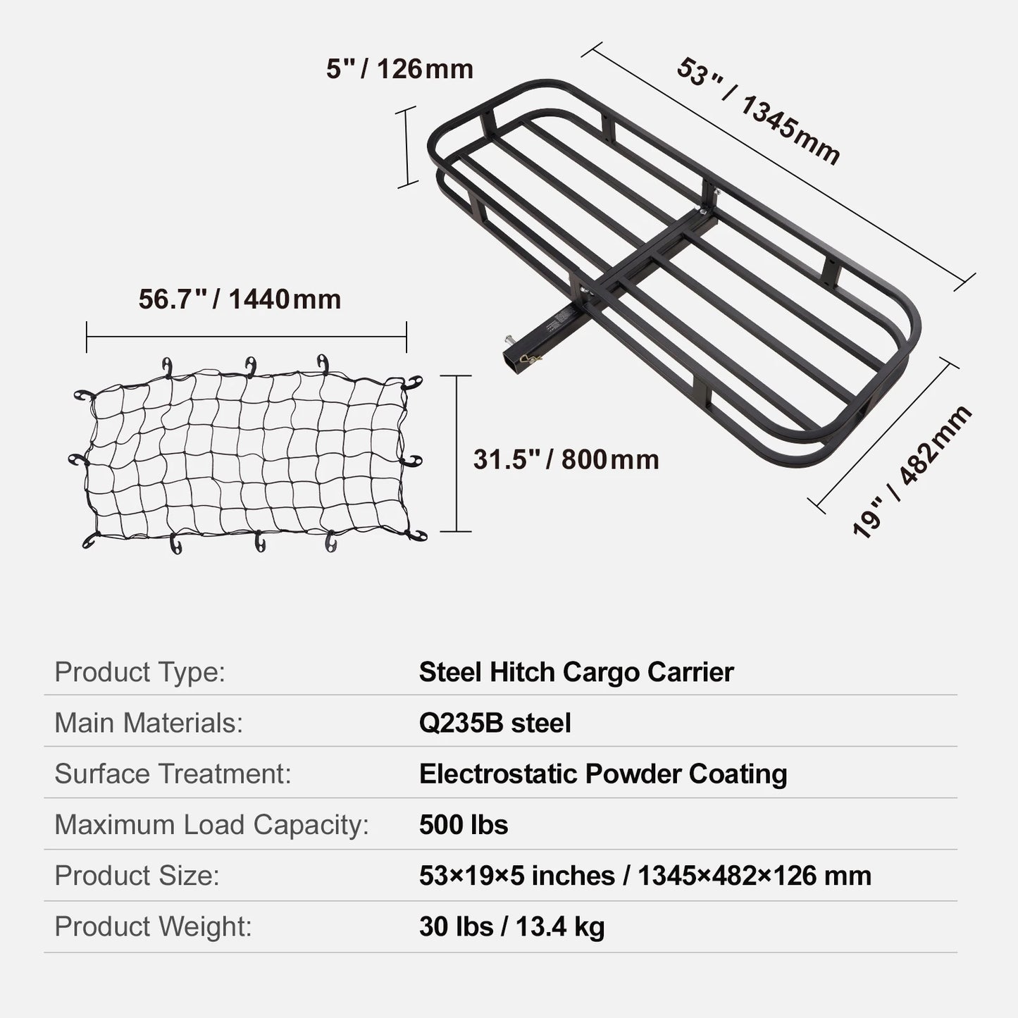 SucceBuy Hitch Cargo Carrier 60 x 24 x 14 in Folding Trailer Hitch Mounted Steel Cargo Basket 400lbs Loading Capacity Luggage
