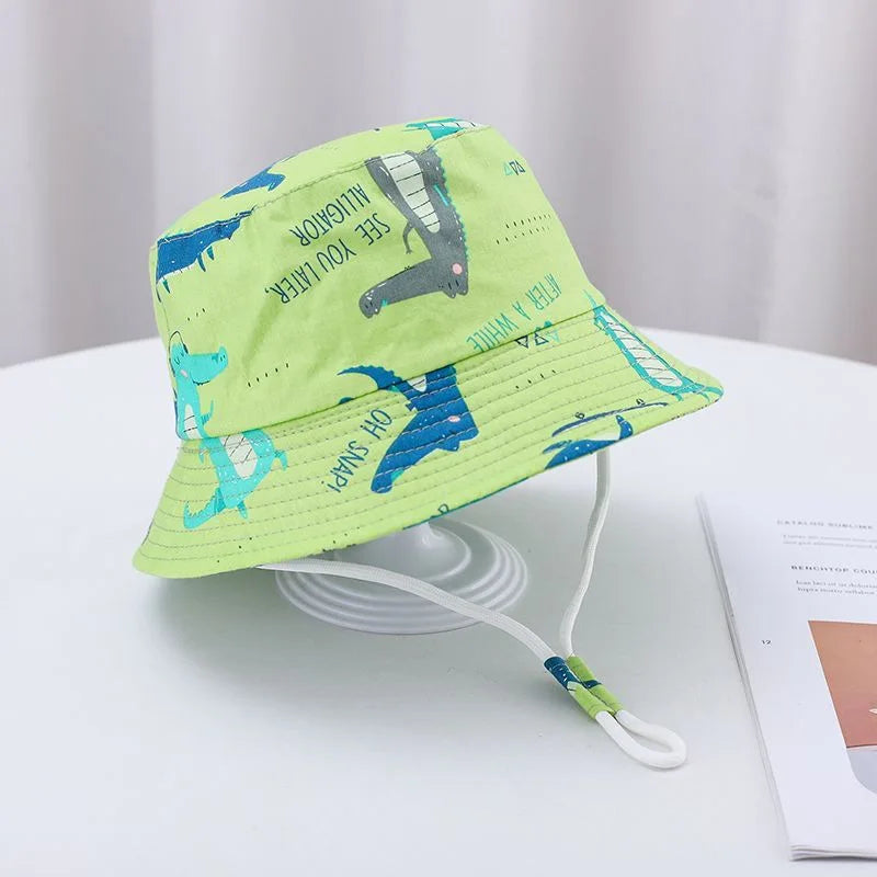 New Summer Baby Hat Cartoon Print Wide Brim Fisherman Hat for Boys Girls Adjustable Chin Strap Infant Beach Cap