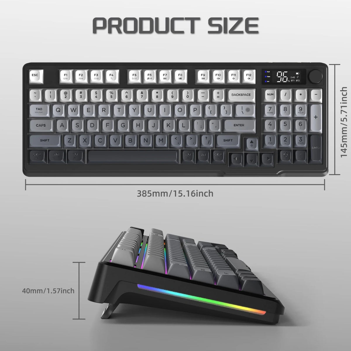 Freewolf M96 Wireless Gaming Keyboard, Knob Control BT/2.4g, RGB LED Backlight Display, Pbt Keycap, 3000mah Battery, Us Layout